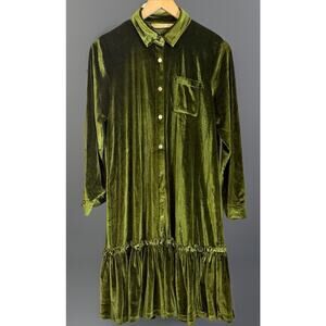 Elf Sack Velour Ruffle Hem Button Shirt Dress Green Velvet Y2K 90s Size S Small